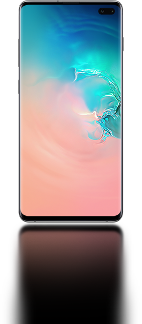 Galaxy S10 plus seen from the front with an abstract coral and blue gradient graphic onscreen.