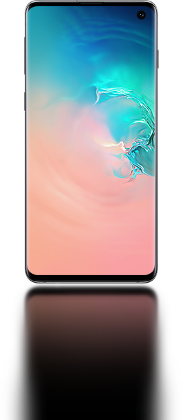 Galaxy S10 seen from the front with an abstract coral and blue gradient graphic onscreen.