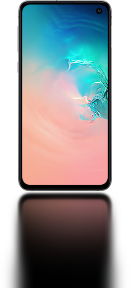 Galaxy S10e seen from the front with an abstract coral and blue gradient graphic onscreen.