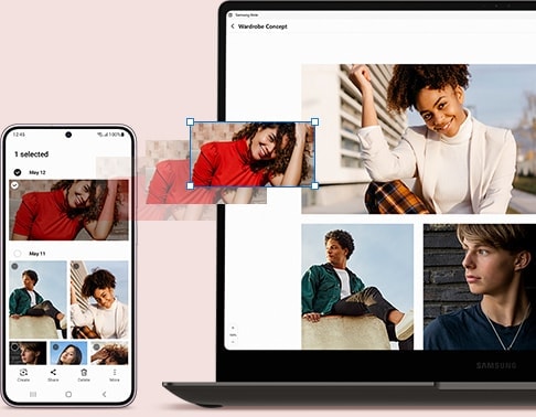 برنامه Gallery در Galaxy S23 plus باز است. در کنار آن، عکسی مفهومی از یک کمد روی صفحه نمایش لپ‌تاپ باز است. یک عکس پرتره از برنامه Gallery در Galaxy S23 plus در حال کشیدن و رها کردن در ارائه موجود در صفحه لپ‌تاپ است.