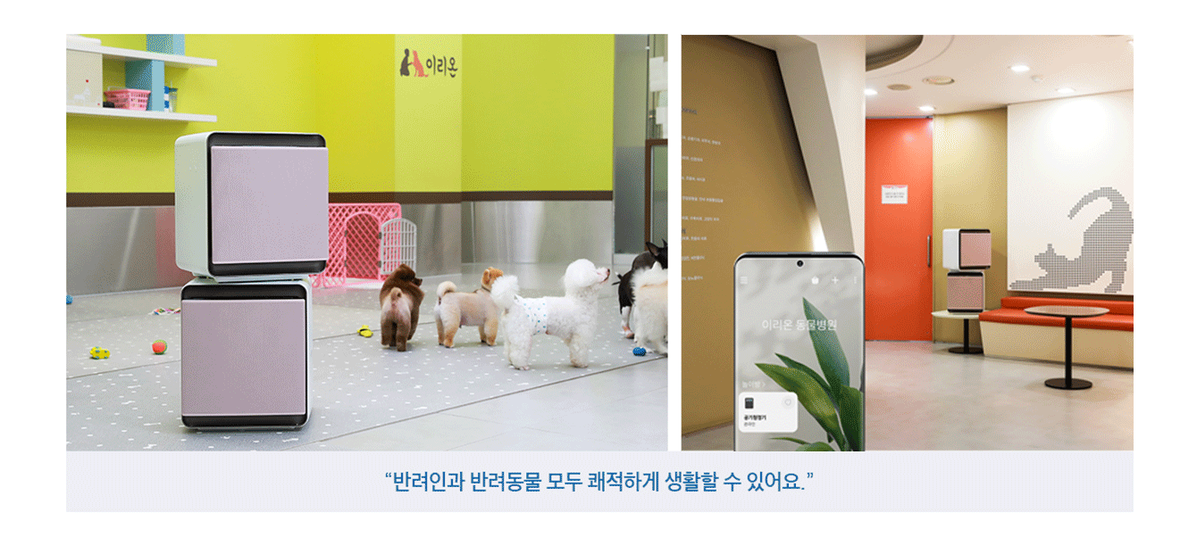 '반려인과 반려동물 모두 쾌적하게 생활할 수 있어요.' 이미지 설명 : (왼쪽 이미지) 삼성 무풍큐브가 설치되어 있는 방에 강아지들이 놀고 있습니다. (오른쪽 이미지) 스마트폰으로 스마트싱스 앱을 작동시켜서 삼성 무풍큐브를 작동시키고 있습니다.