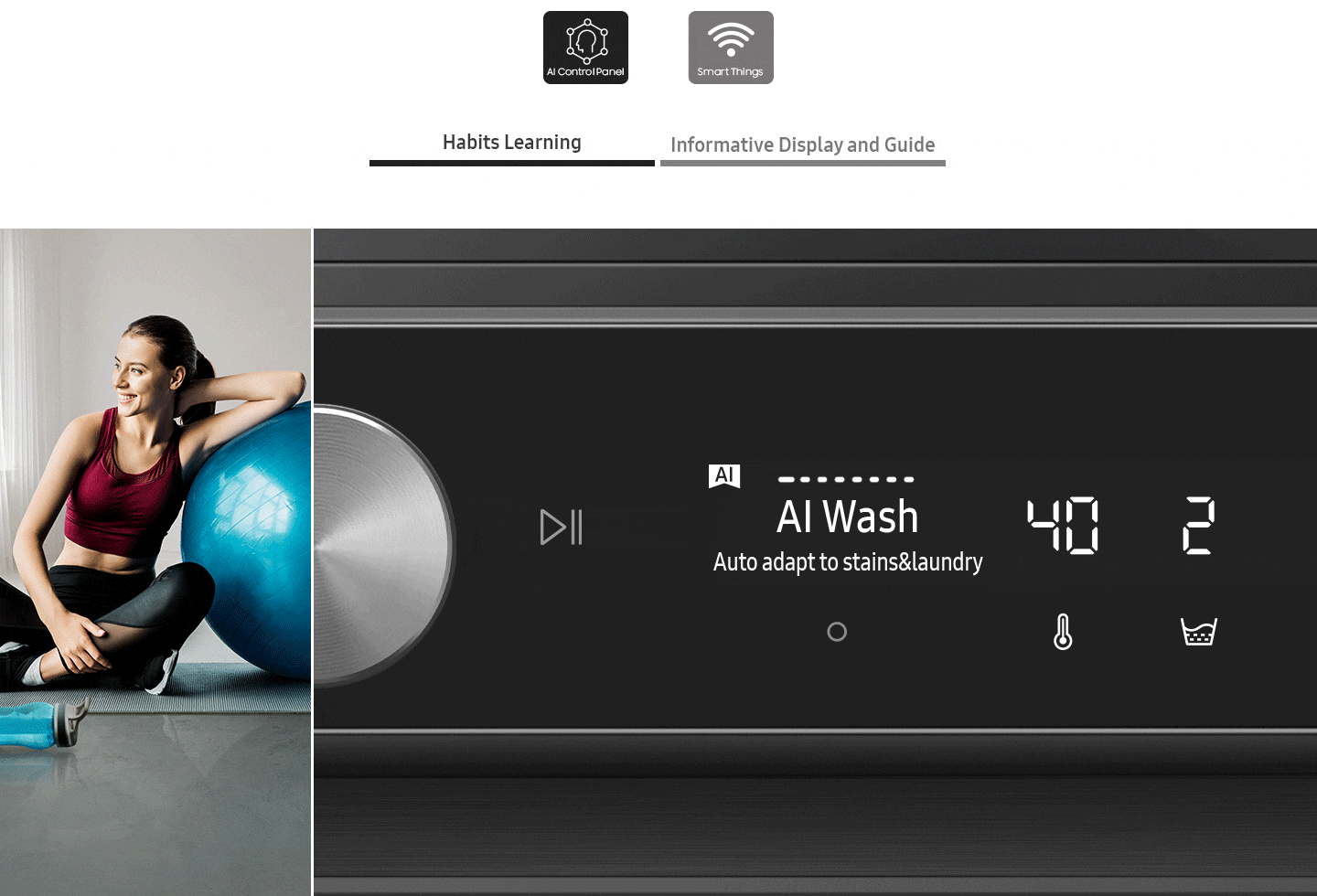 There are two icons, AI Control Panel and SmartThings. AI Control Panel is selected. The AI washer’s control panel displays the Habits learning, Informative display and guide.