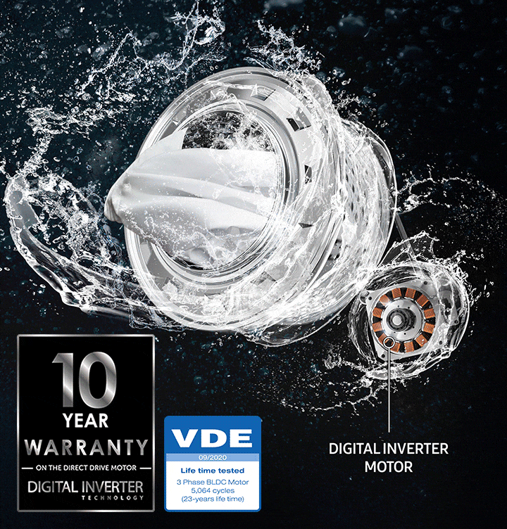 Digital Inverter Motor, drum and water stream spins fast. WW4000J's warranty is 10 years and also VDE certified on September 2020 for 3 phases BLDC Motor 5,064 cycles (23-years life time). Digital inverter saves energy, reduces noise and has long-lasting durability compared to non-inverter.