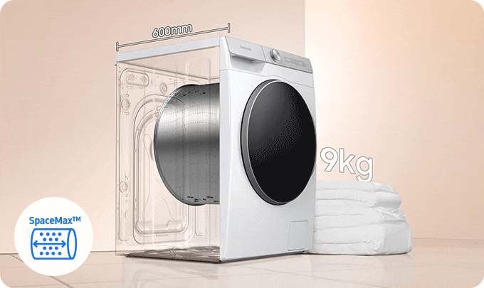The SpaceMax™ design has a 600mm of deep drum depth, so it can hold up to 11kg of laundry, even a large duvet.