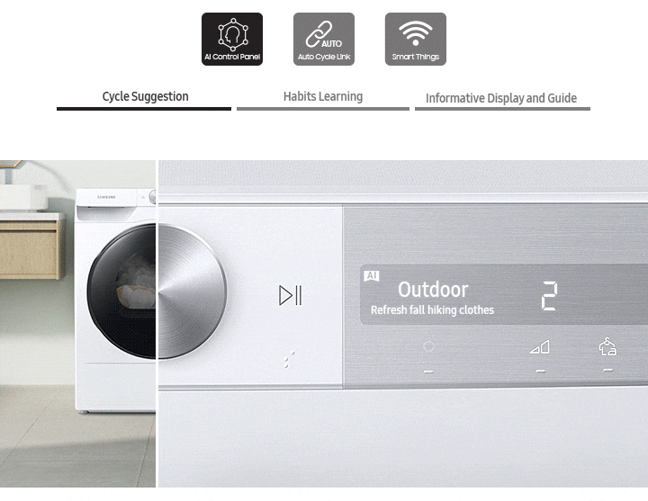 The AI dryer’s control panel displays the Cycle suggestion, Habits learning, Informative display and guide.