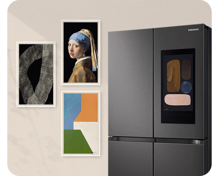 A Steel Black 4-door Family Hub fridge has art on its main display. Next to it, 3 frames on the wall display art that changes.