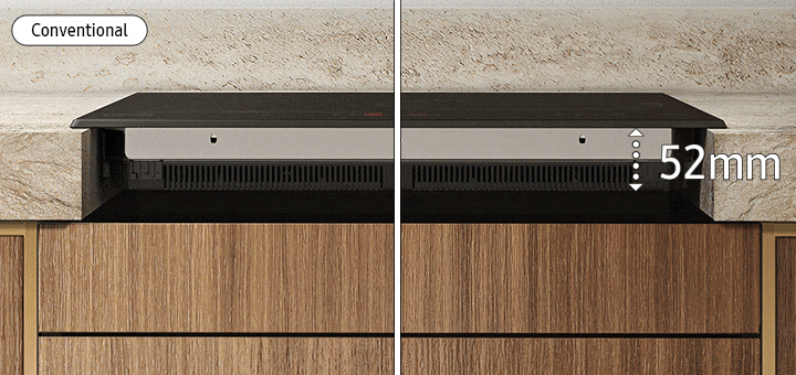The thickness of conventional cooktop is 52mm. But the NZ8500BM is only 44mm thick. So you can use the below space for more storage.