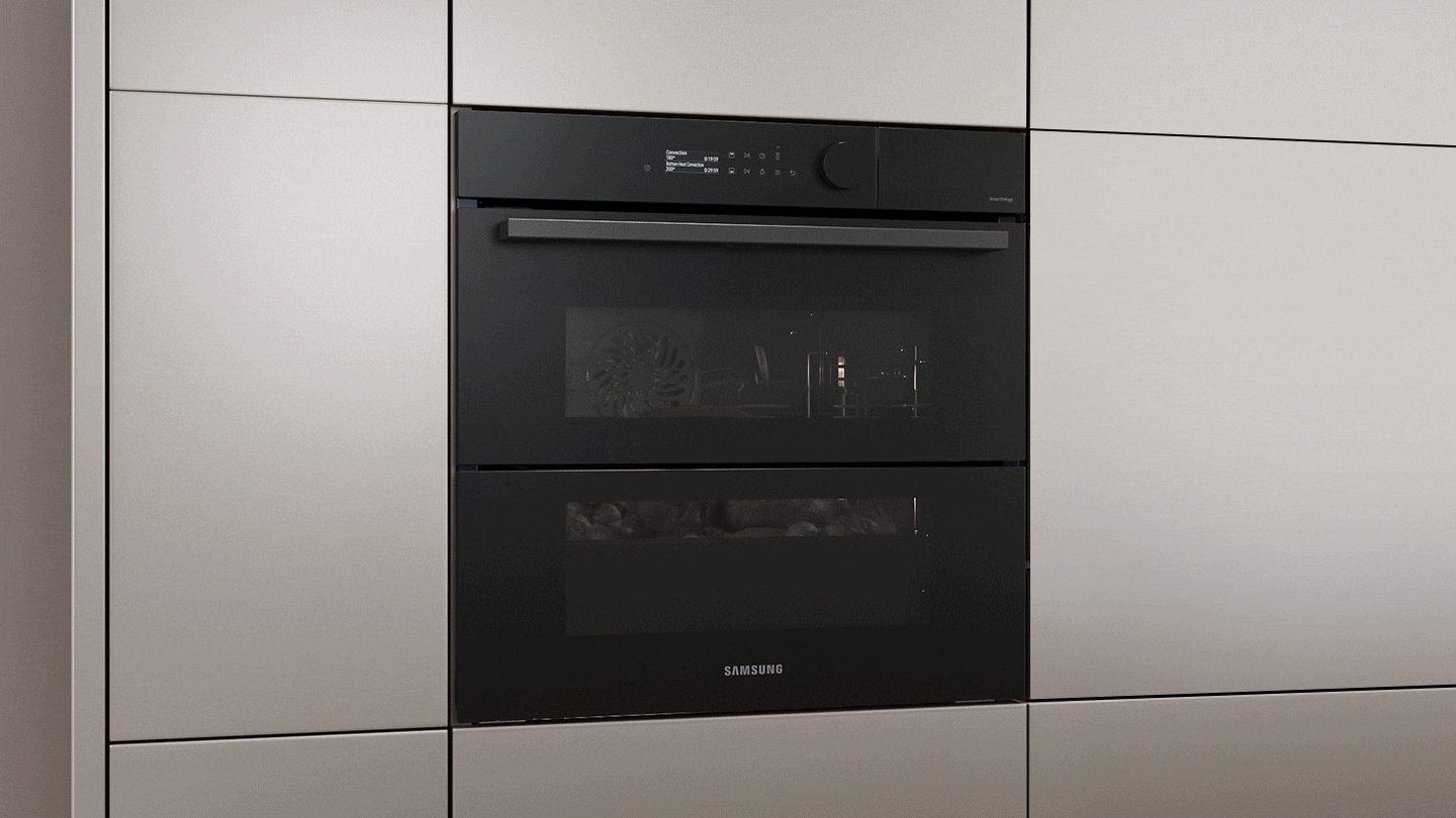 Shows how the hinged door can be opened fully to cook a large meal like a holiday turkey or the just the top half can be opened to cook food in the upper zone. This Half Loading saves 25.3% energy and 22.7% time.