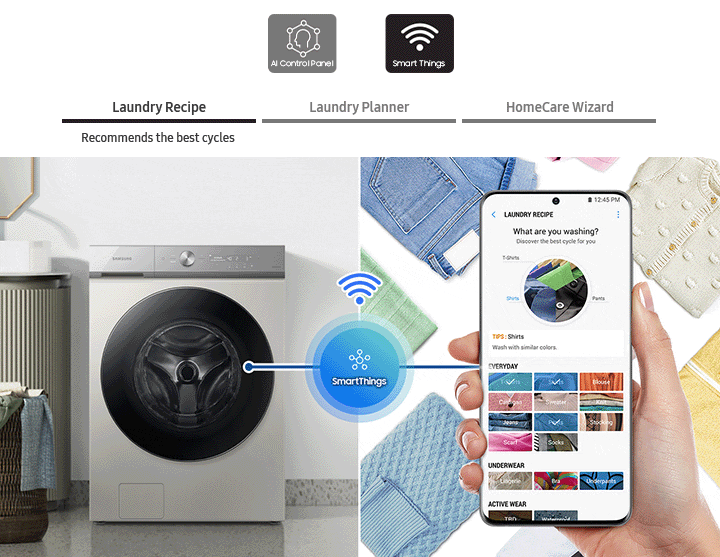 SmartThings and Laundry Recipe selected. Recommends the best cycles. A white Bespoke Grande AI washer next to a hand and phone. Laundry Recipe is onscreen. Between is a SmartThings logo, Wi-Fi symbol. Then Laundry Planner selected. Curates your daily laundry plan. Laundry Planner is onscreen. Then HomeCare Wizard is selected. Self diagnosing and managing. HomeCare Wizard is onscreen.