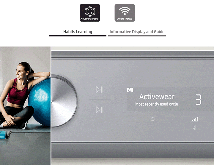 There are two icons, AI Control Panel and SmartThings. AI Control Panel is selected. Below are two features Habits Learning, and Informative Display and Guide. Habits Learning is selected. Below them, a woman in activewear leans on an exercise ball on a yoga mat. To her right is a closeup of the display on the washer, and it reads Activewear, Most recently used cycle. It transitions to another panel, and Informative Display and Guide mode is selected. There is a white Bespoke Grande AI washer with its door opened. To its right is a closeup of the display on the washer, and it reads Door is open, Close and restart.