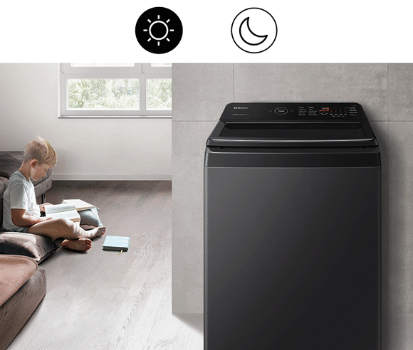While the washer runs silently, the boy reads the book during the day and the mother puts the baby to sleep at night.