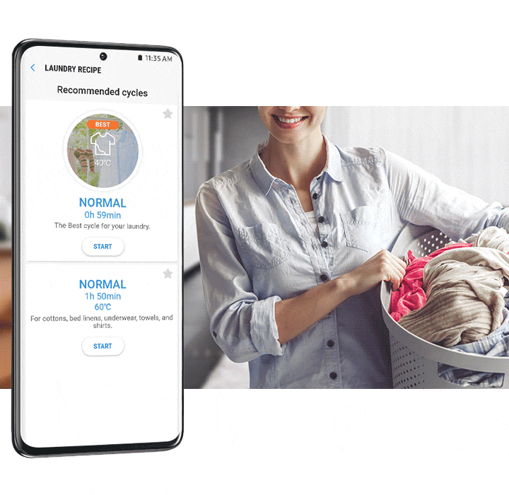 The drying cycle controlled via the SmartThings app. Laundry Recipe recommends best cycle for your laundry. Laundry Planner recommends best cycle for your laundry. Drying cycle is automatically set with Auto cycle link. HomeCare Wizard gives notifications such as “5C”.