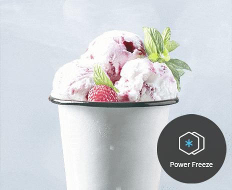 Power freeze function keeps strawberry ice cream cold.