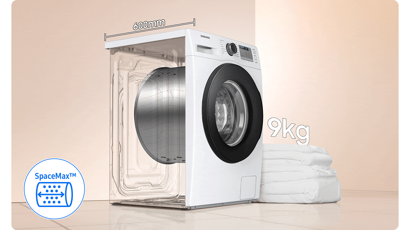 The SpaceMax™ design has a 600mm of deep drum depth, so it can hold up to 11kg of laundry, even a large duvet.
