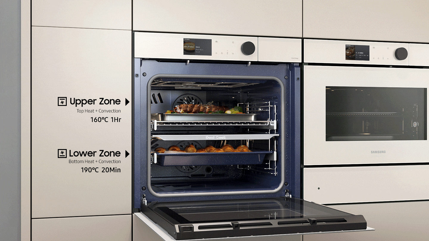 Shows the upper and lower zones of the Dual Cook system being used independently to cook different dishes at the same time with different settings: the upper zone using top heat + convection for 1 hour at 160°C and the lower zone using bottom heat + convection for 20 minutes at 190°C. Or the whole oven can be used to cook a large meal like a holiday turkey.