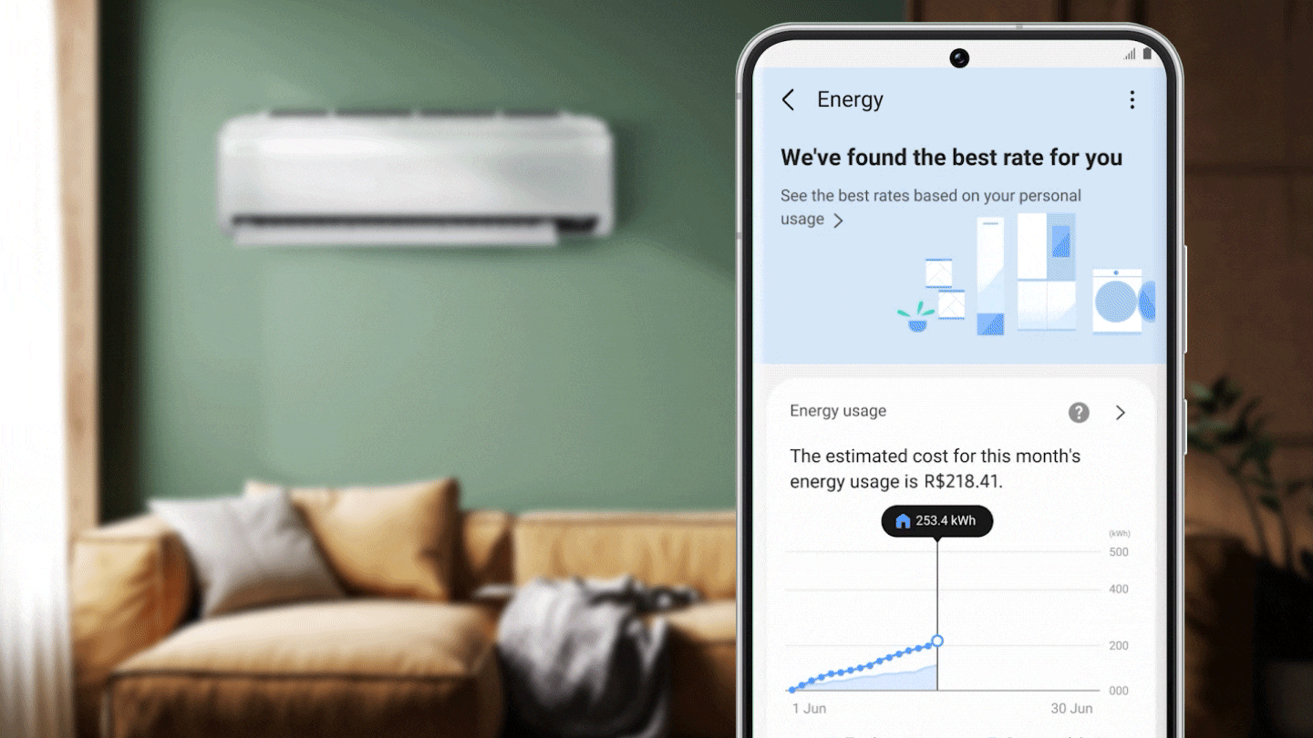 Shows a wall-mounted air conditioner in a living room. The SmartThings Energy App is also shown on a smartphone. It includes an option to find the best energy supply rates based on your personal energy use. It also shows a chart of your estimated energy use and cost for the month. Below this it shows a diagram of the total energy used and the percentage amount saved.