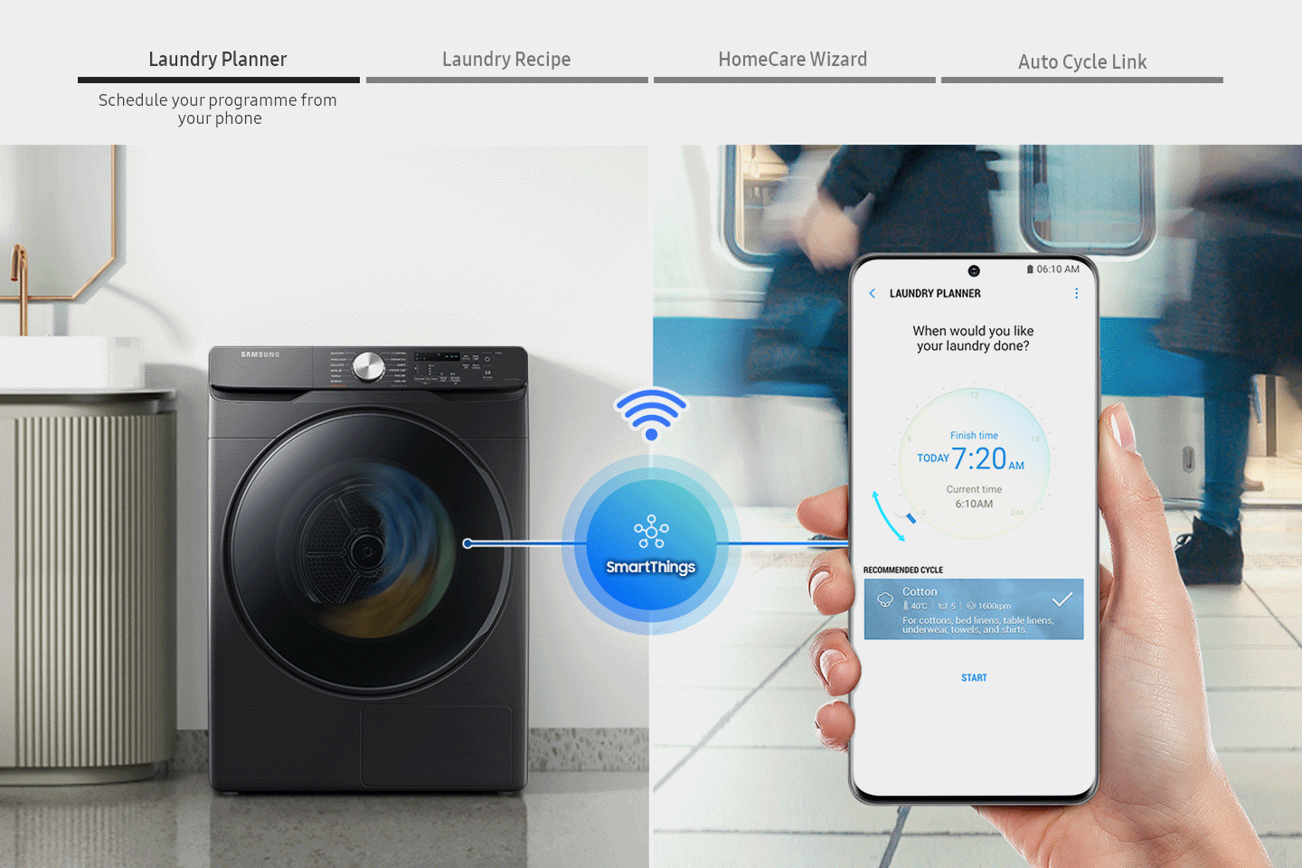 The wash cycle controlled via the SmartThings app. Laundry recipe, Laundry planner, HomeCare Wizard.