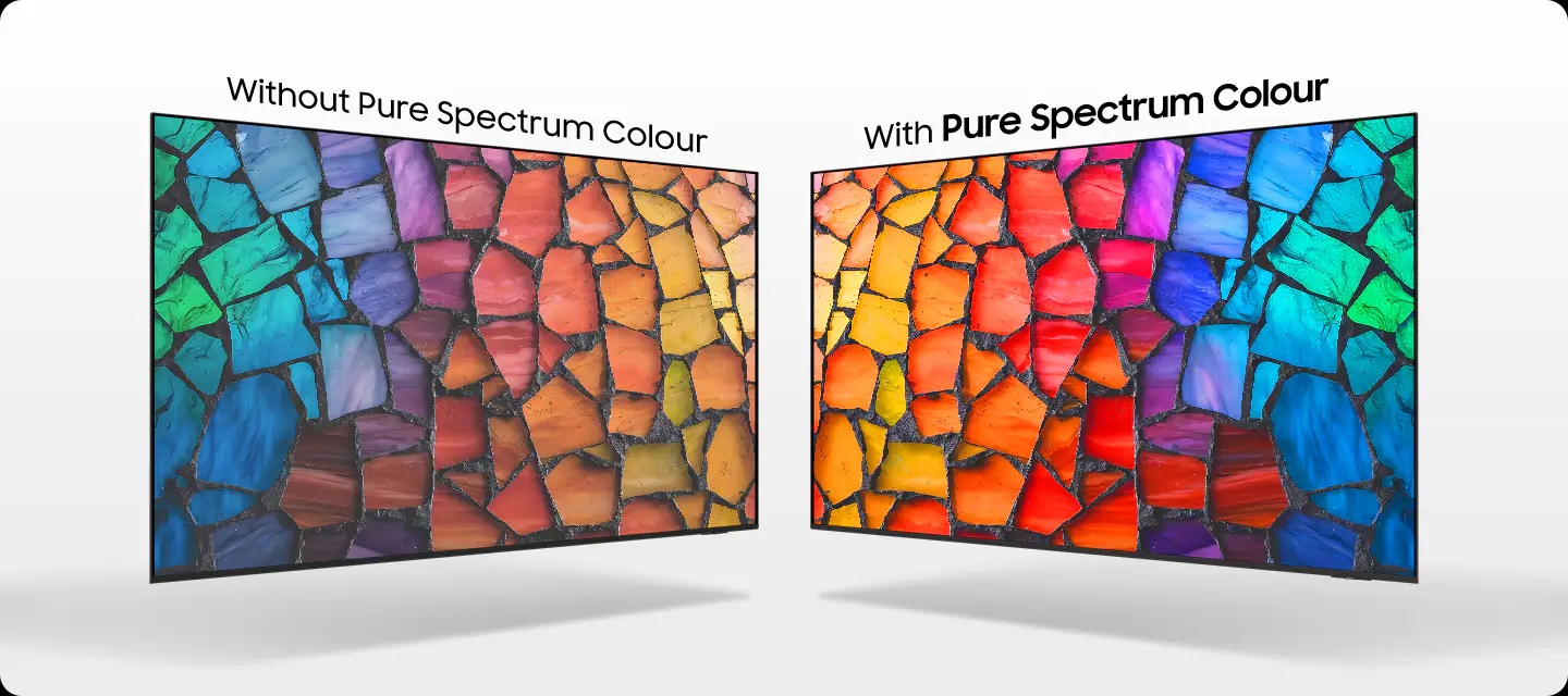 Two TVs are shown side by side. The TV labeled “Without Pure Spectrum Color” appears muted and desaturated, while the TV labeled “With Pure Spectrum Color” displays the same mosaic image with richer, more vibrant colors and enhanced contrast.