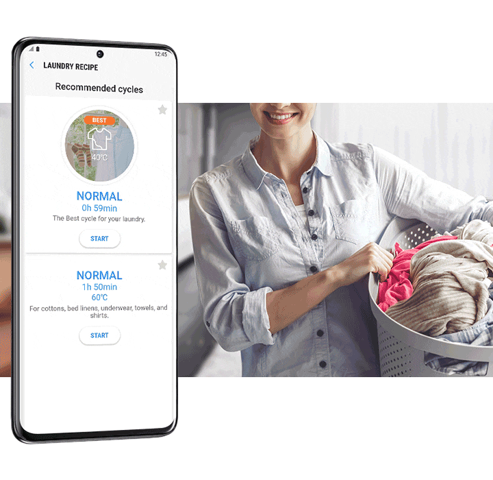 The wash cycle controlled via the SmartThings app. Laundry recipe recommends best cycle and you can set the finish time for laundry with Laundry Planner. Washer notifies Eco Tub Clean cycle based on personal usage.