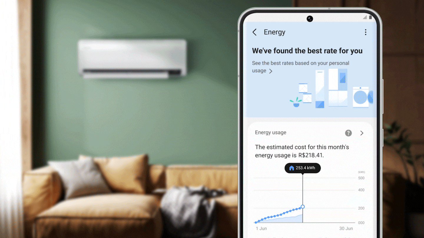 Shows a wall-mounted air conditioner in a living room. The SmartThings Energy App is also shown on a smartphone. It includes an option to find the best energy supply rates based on your personal energy use. It also shows a chart of your estimated energy use and cost for the month. Below this it shows a diagram of the total energy used and the percentage amount saved.