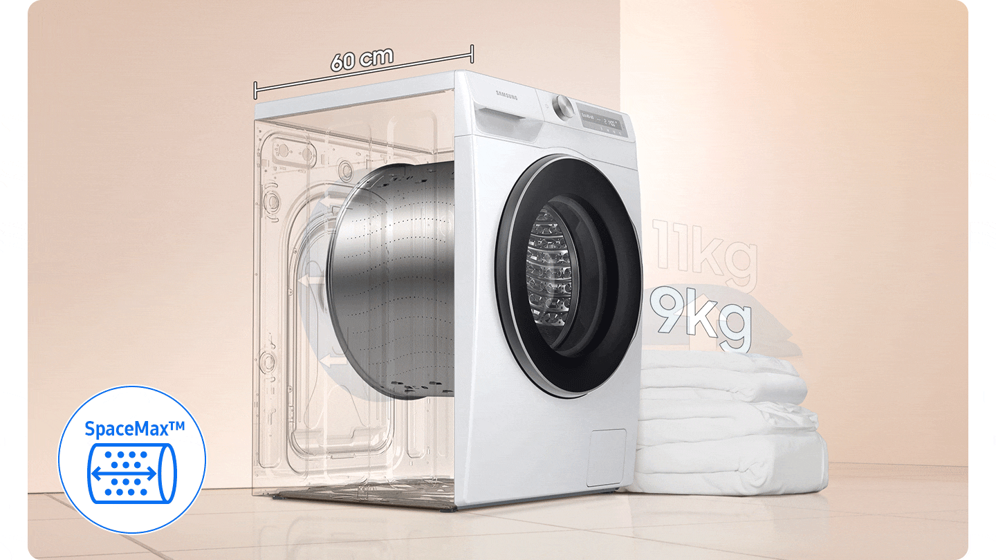 At the bottom left, SpaceMax™ feature is shown in icon. The depth of the washer drum has increased to 60 cm, and the capacity has increased from 9kg to 11kg. It can wash even large duvet.