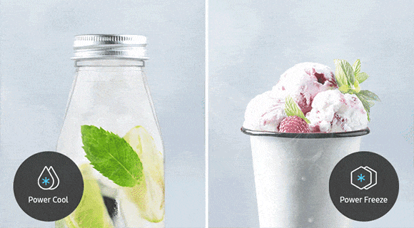 The left side shows the Power Cool function with bottled salad, and the right side shows the Power Freeze function with frozen ice cream.