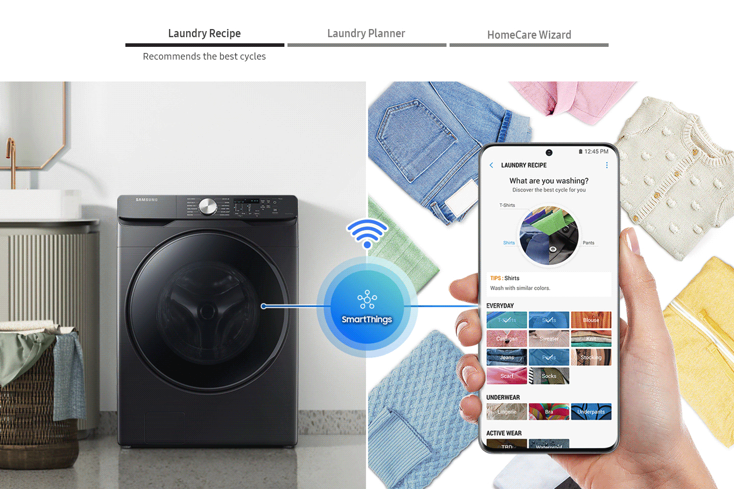 The wash cycle controlled via the SmartThings app. Laundry recipe, Laundry planner, HomeCare Wizard.