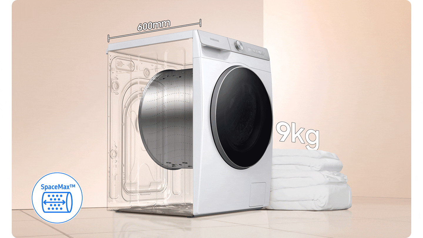 At the bottom left, SpaceMax™ feature is shown in icon. The depth of the washer drum has increased to 600mm, and the capacity has increased from 9kg to 11kg. It can wash even large duvet.