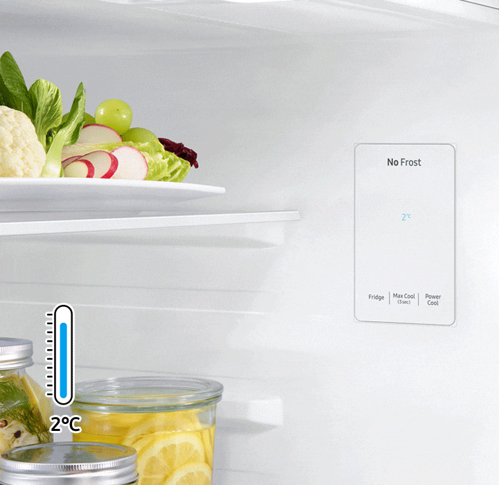 The Normal Fridge, Max Cool, and PowerCool mode can be easily switched inside the refrigerator at the right-side wall. For instance, you can quickly activate Max Cool mode like a semi-freezer to preserve food for longer.