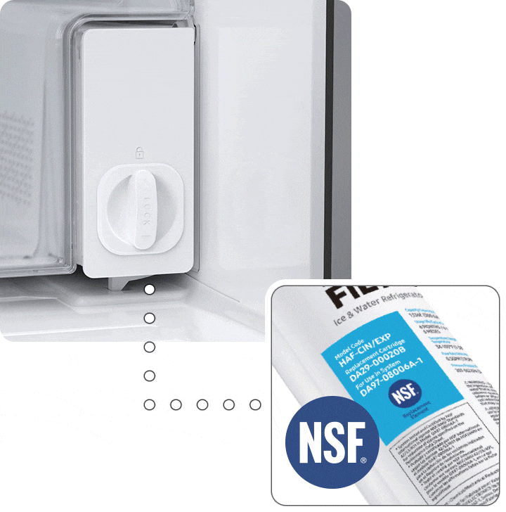 Samsung water filter is NSF certified and is shown on the filter. Turn the water filter to the left to install it.
