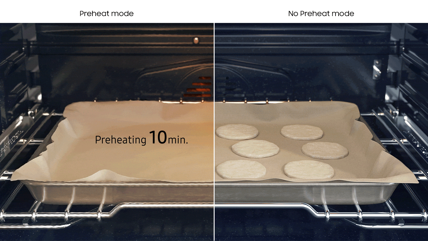 It shows the inside of the oven divided into preheating mode and non-preheating mode. While cookies are baked without preheating in No Preheat mode, in Preheat mode, the oven is preheated for 10 minutes before starting to bake the cookies. It is shown that cooking is completed more quickly in No Preheat mode, and at the end, the phrase "Similar cooking performance with time & power savings" is displayed.