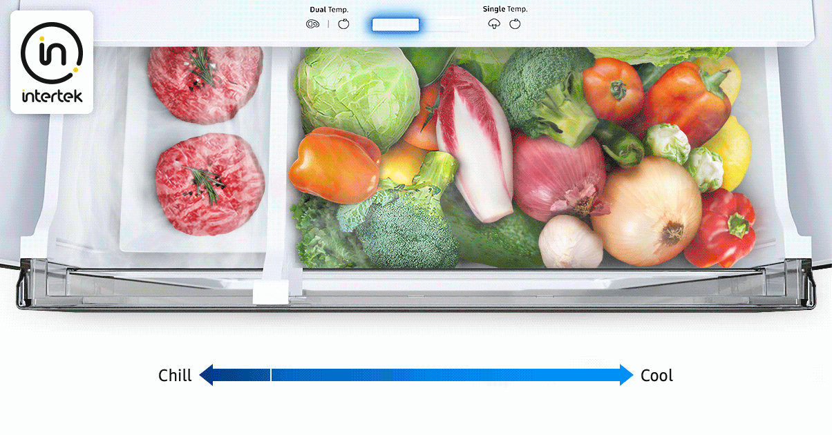 There are Dual Temp icon and Single Temp icon, and Dual Temp is enabled. The chill part is filled with meat and the cool part with vegetables. The space filled with meat and vegetables can be adjusted as desired. Depending on the movement of the space, the arrows of Chill and Cool also move. There is Intertek logo.