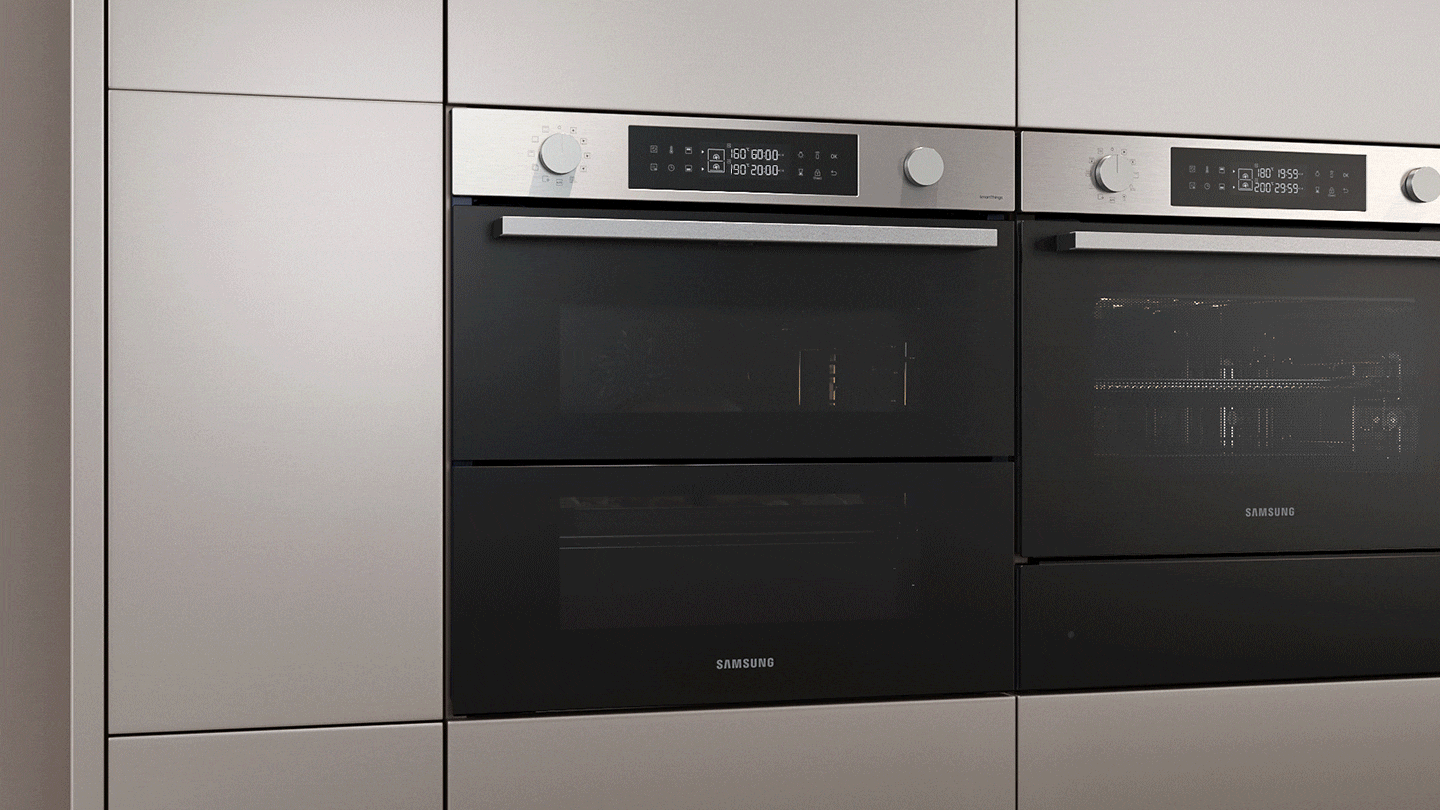 Shows how the hinged door can be opened fully to cook a large meal like a holiday turkey or the just the top half can be opened to cook food in the upper zone. This Half Loading saves 25.3% energy and 22.7% time.