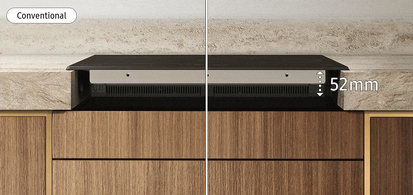 The thickness of conventional cooktop is 52mm. But the NZ8500BM is only 44mm thick. So you can use the below space for more storage.