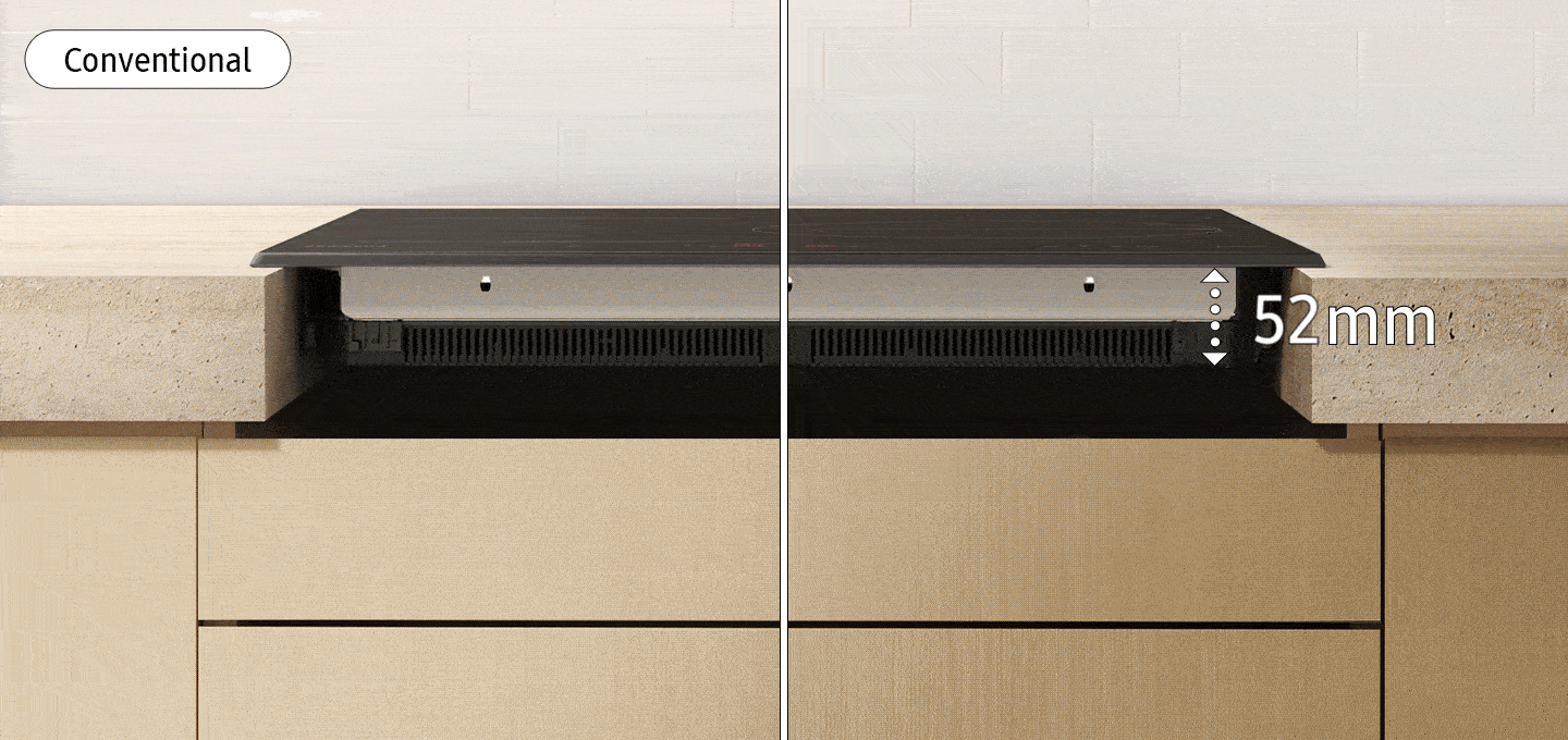 The thickness of conventional cooktop is 52mm. But the NZ8500BM is only 44mm thick. So you can use the below space for more storage.