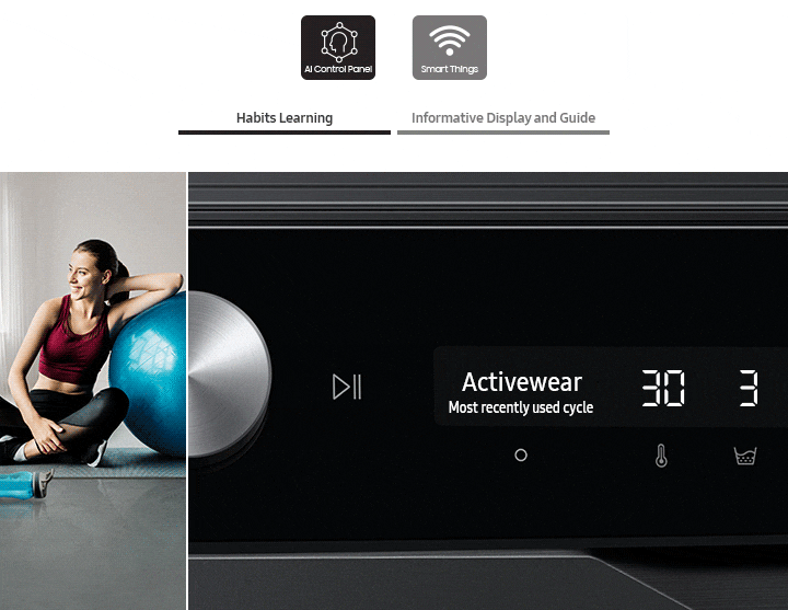 The AI washer’s control panel displays the Habits learning, Informative display and guide.