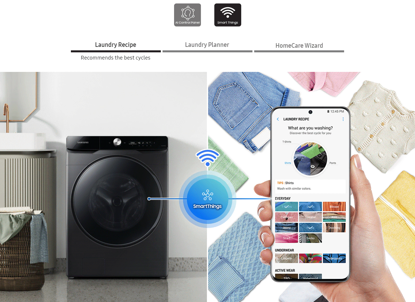 The wash cycle controlled via the SmartThings app. Laundry recipe, Laundry planner, HomeCare Wizard.
