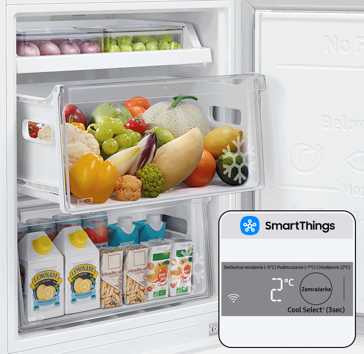 Fruit or juice is stored in the refrigerator and the temperature setting is indicated as 2℃. The food changes to cake and nuts, and the temperature setting changes to -1℃. Food such as salmon and vegetables are stored, and the set temperature is -5℃. Frozen foods such as ice cream and seafood are stored, and the set temperature is -19℃.