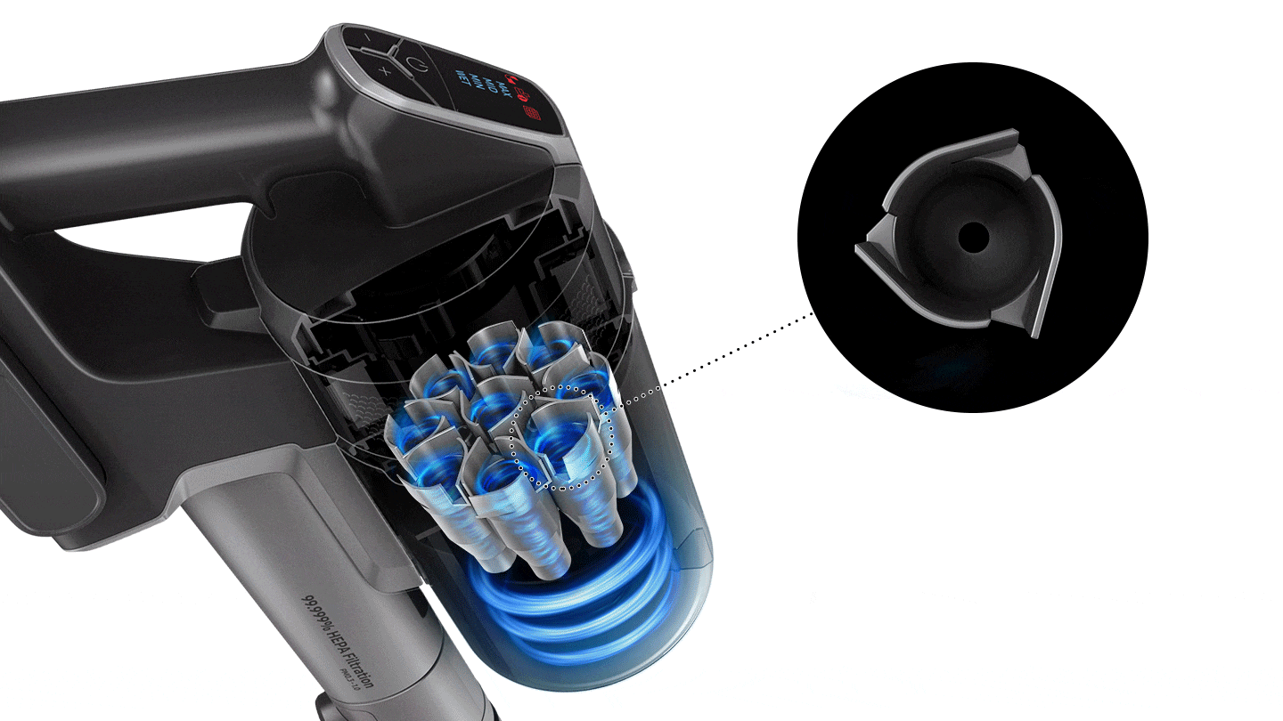 Aspirator vertical Samsung Jet 75 Complete, 200W, Jet Cyclone, Turbo Action Brush, Digital Display, Digital Inverter Motor, VS20T7536T5 3 Sistemul vortex crește eficacitatea aspiratorului.