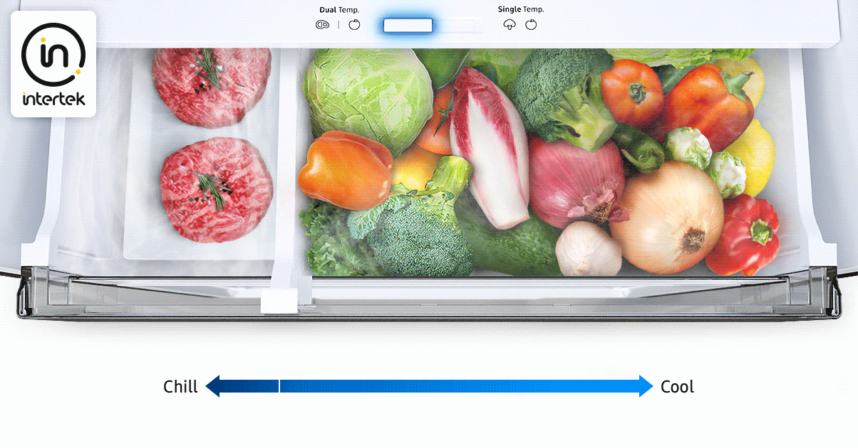 The space filled with meat and vegetables can be adjusted as desired.  Depending on the movement of the space, the arrows of Chill and Cool also move.  There is Intertek logo.