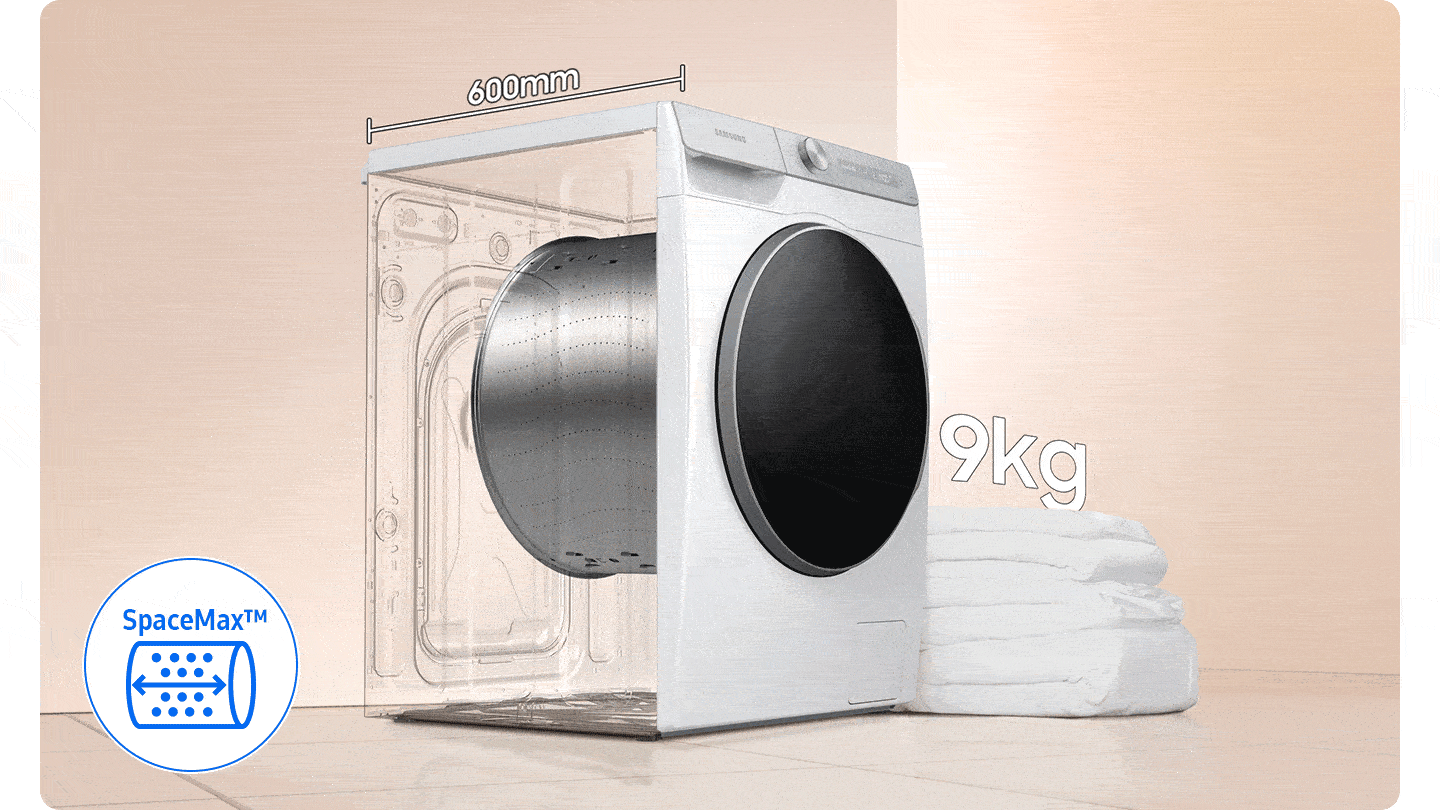 يوفر تصميم SpaceMax™‎ مساحة 600 مم من عمق الحوض بحيث يسع حتى 11 كجم من الغسيل، حتى الألحفة الكبيرة.