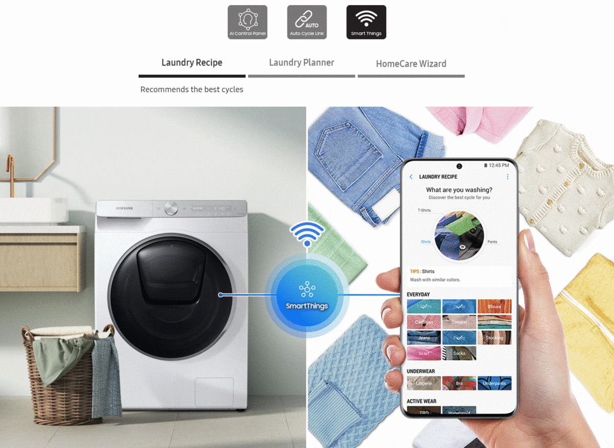 The wash cycle controlled via the SmartThings app.Laundry recipe, Laundry planner, HomeCare Wizard, Weather based course.
