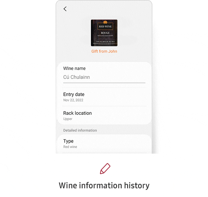 In the Smart Wine Storage of the Smartthings app, you can record wine information history, manage wine inventory, and view cooking recipes.