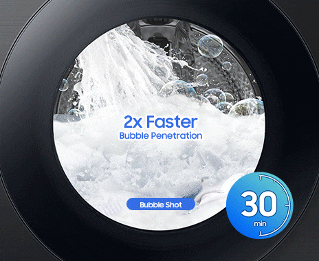 The drum of WD6000BK is filled with bubbles, foam, and a spray of water. 2x Faster Bubble Penetration and bubble shot. 130degree Wide Angle Speed Spray technology can shoot powerful jets of water, rapidly penetrating a large area of fabric. The entire washing process takes 30min.