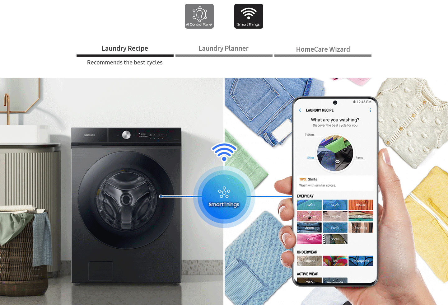 SmartThings is selected. Laundry Recipe recommends the best laundry cycles, Laundry Planner curates your daily laundry plan. Homecare Wizard helps self diagnosing and managing.