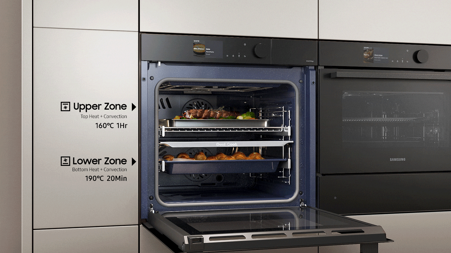 Shows the upper and lower zones of the Dual Cook system being used independently to cook different dishes at the same time with different settings: the upper zone using top heat + convection for 1 hour at 160°C and the lower zone using bottom heat + convection for 20 minutes at 190°C. Or the whole oven can be used to cook a large meal like a holiday turkey.