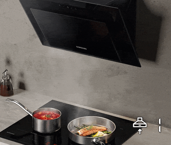As the ventilation power goes up one to three, NK5000BM absorbs more smoke from two boiling cooking pots.