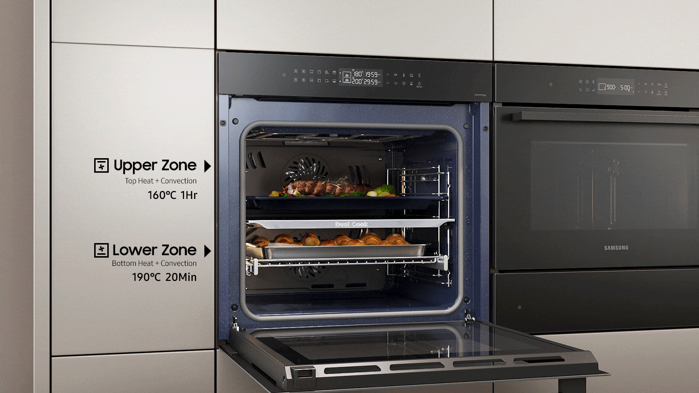 Shows the upper and lower zones of the Dual Cook system being used independently to cook different dishes at the same time with different settings: the upper zone using top heat + convection for 1 hour at 160°C and the lower zone using bottom heat + convection for 20 minutes at 190°C. Or the whole oven can be used to cook a large meal like a holiday turkey.
