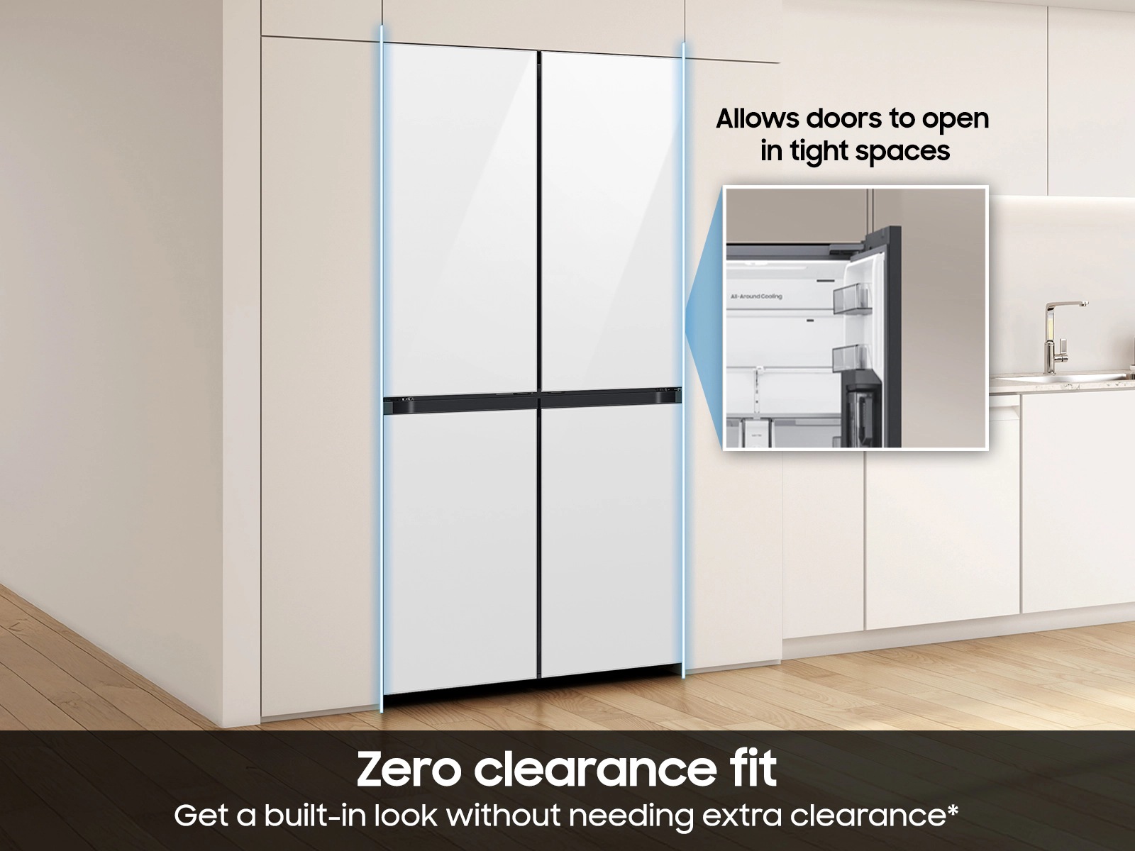 Bespoke 22 cu. ft. Counter Depth 4-Door French Door Refrigerator with Zero Clearance Fit &amp; Dual Auto Ice Maker with Sphere Ice R-Door-open Stainless Steel 