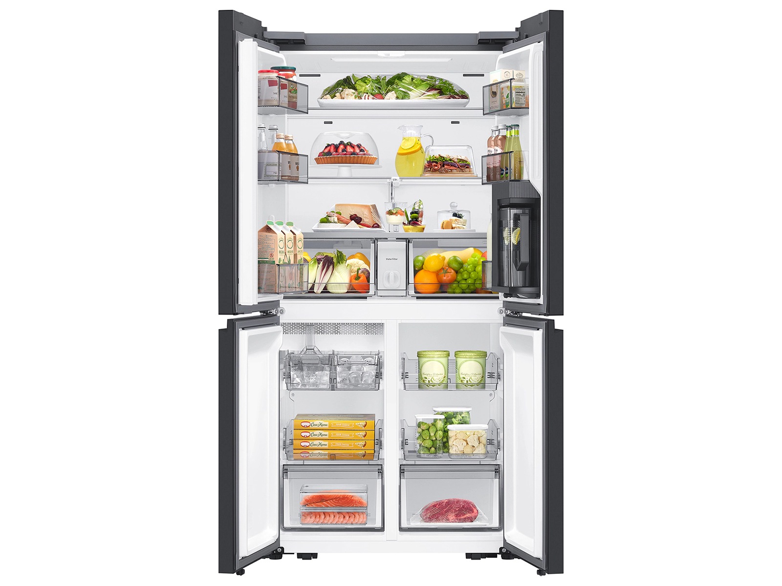 Bespoke 22 cu. ft. Counter Depth 4-Door French Door Refrigerator with Zero Clearance Fit &amp; Dual Auto Ice Maker with Sphere Ice Front-Open-Food2 Stainless Steel 